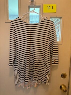 Matilda Jane Joanna gaineBlack and White Striped Long Sleeve Top with Floral Hem